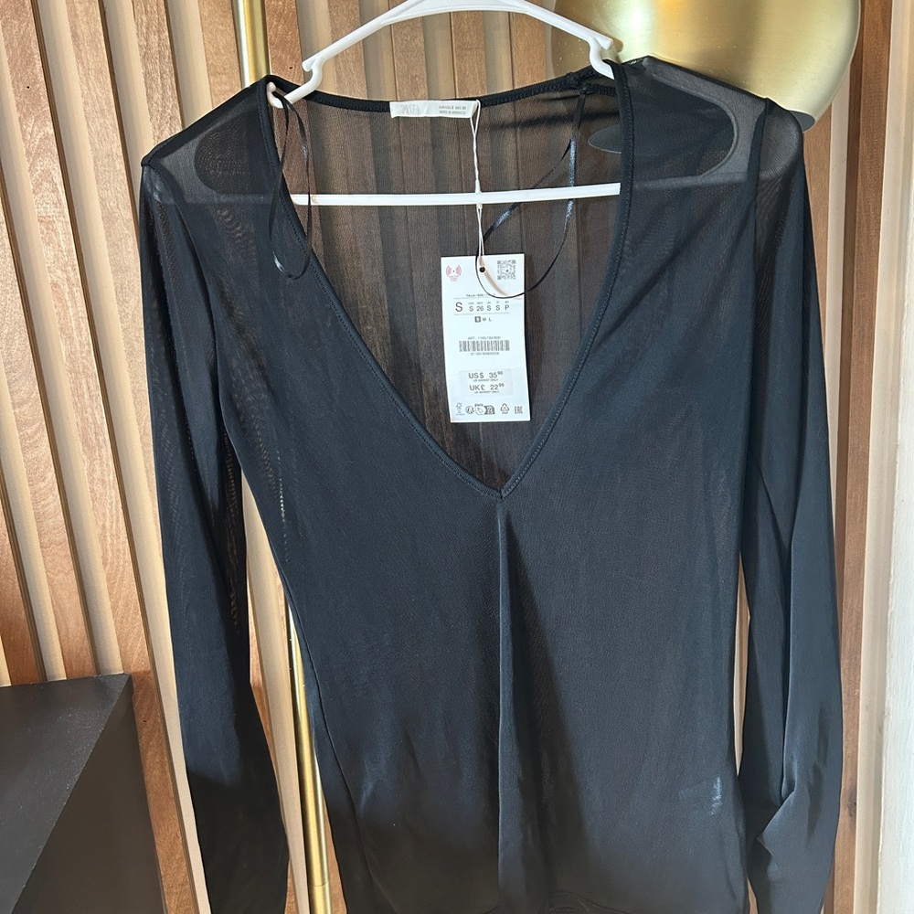 Zara Black Sheer Fitted Long Sleeve Top